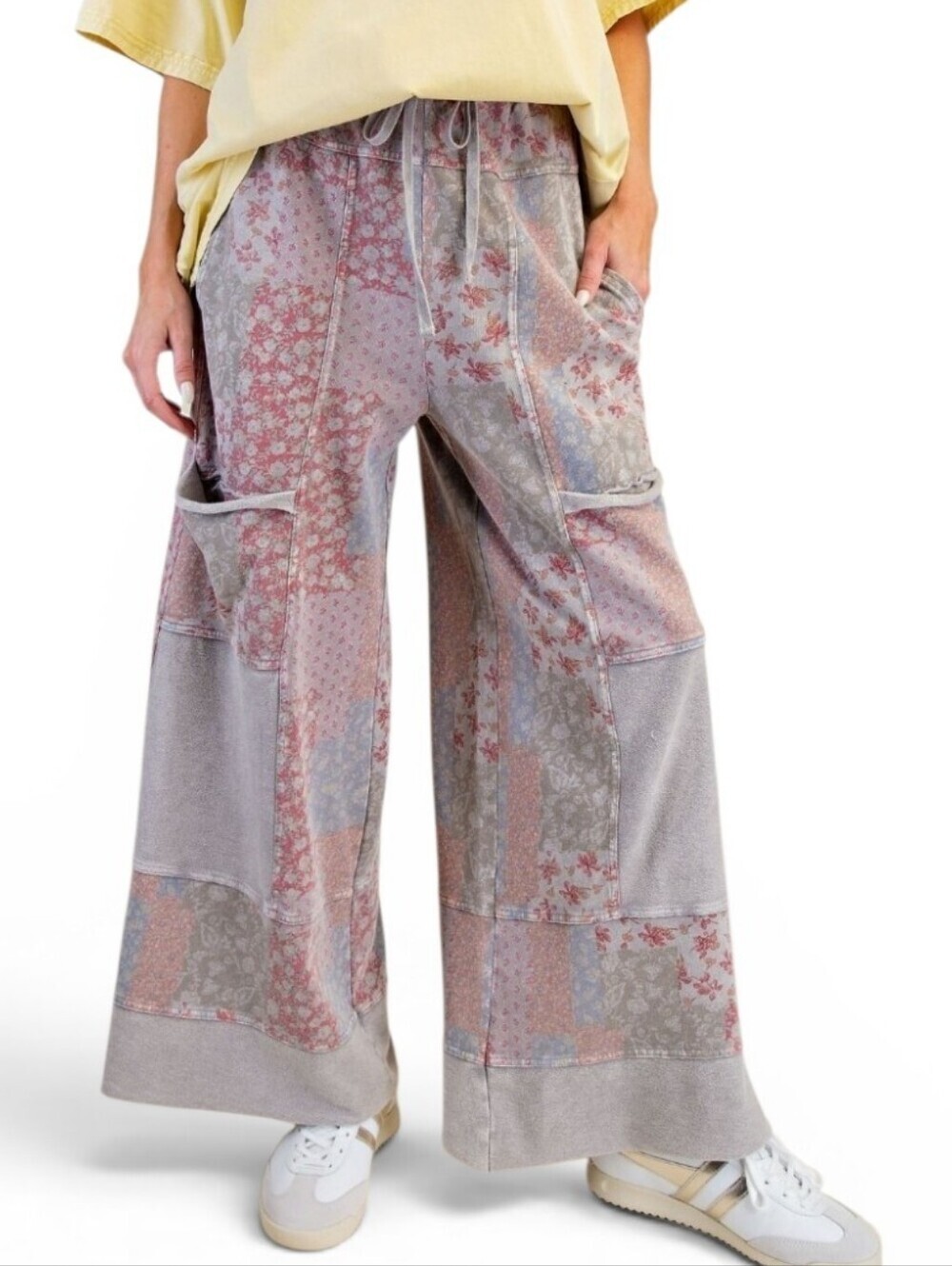Easel Patchwork Floral Print Mineral Washed Terry Pants New Ash